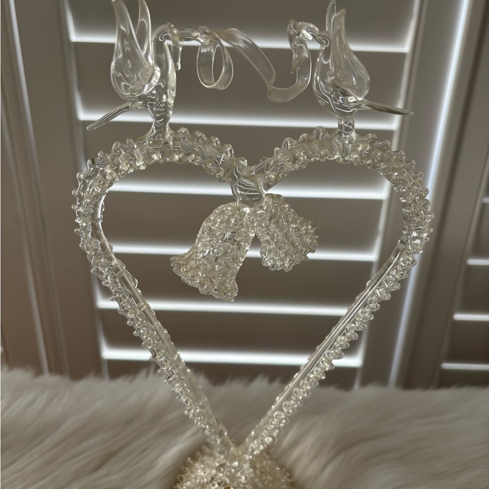 Elegant hand blown Glass Heart with Birds and Bells cake topper